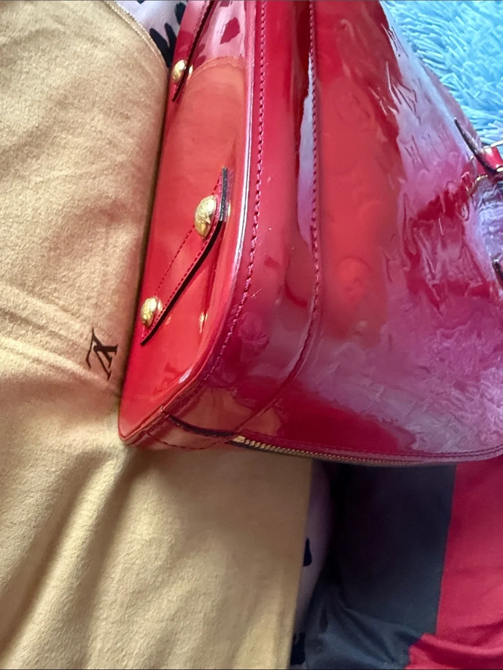 Louis Vuitton Red Patent Alma Pm Satchel with Gold Hardware